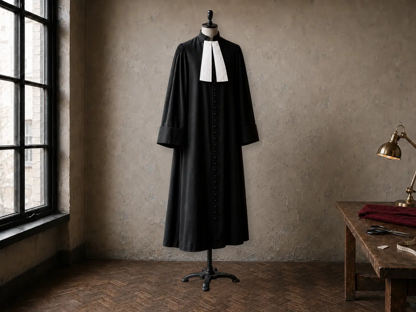 Zwarte advocatentoga met witte bef en een doorlopende rij kleine zwarte knopen in het atelier