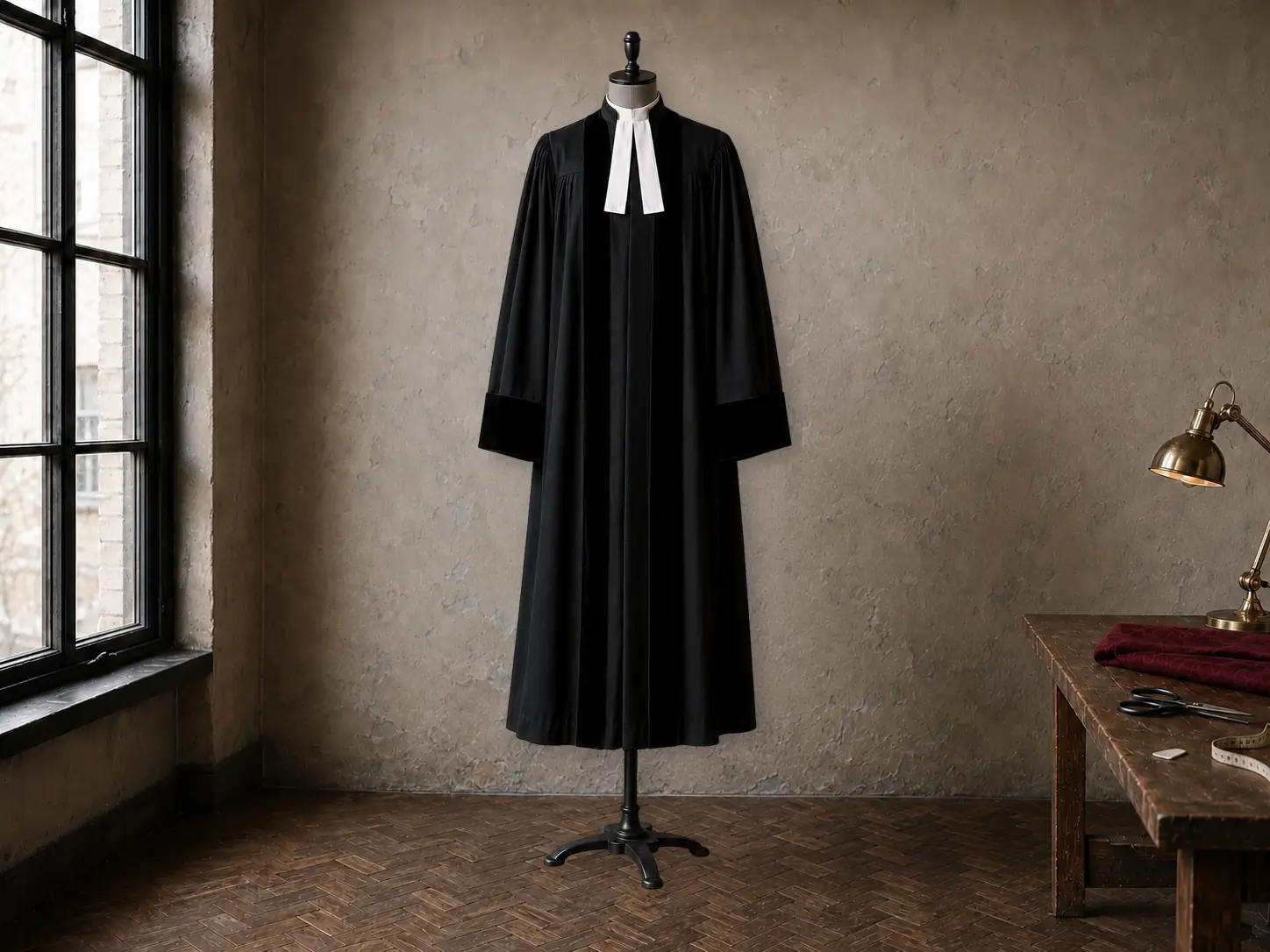 Klassieke zwarte predikantentoga met witte bef in het atelier