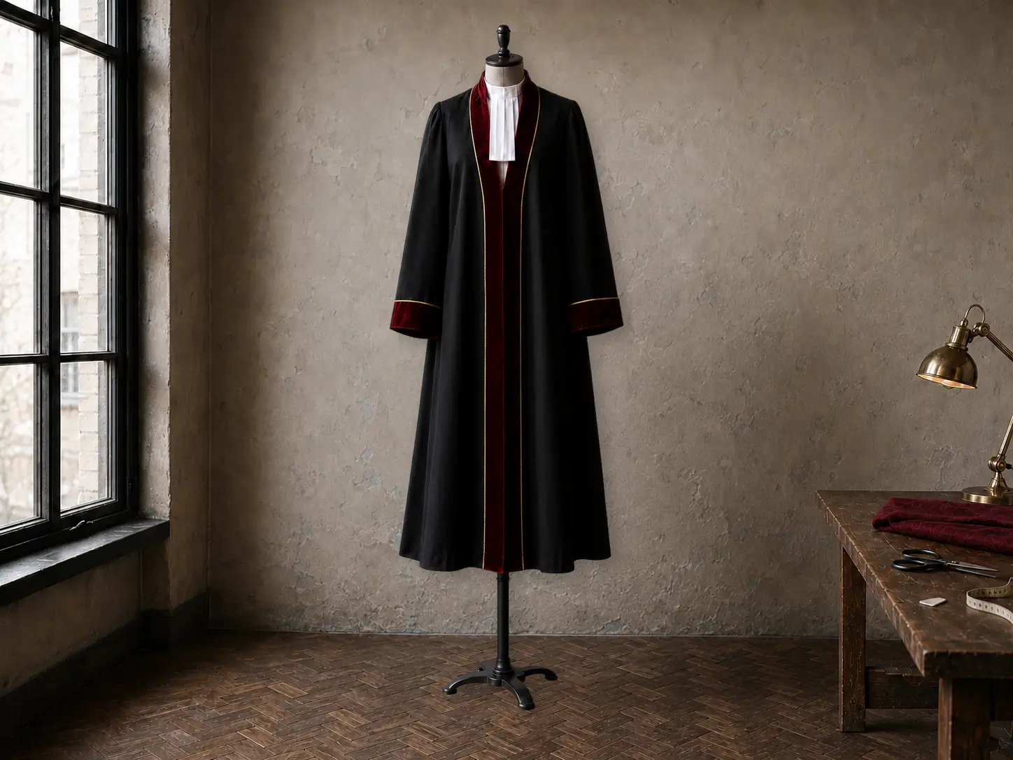 Zwarte trouwambtenaarstoga met bordeaux fluweel en goudkleurige bies in het atelier