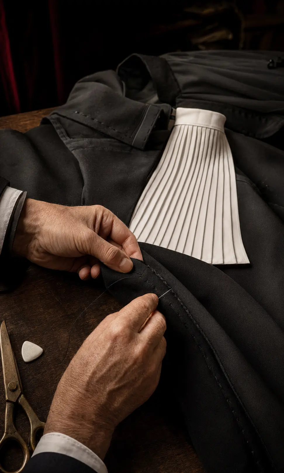 Ambachtelijke handafwerking van een zwarte toga met een witte bef op de werktafel